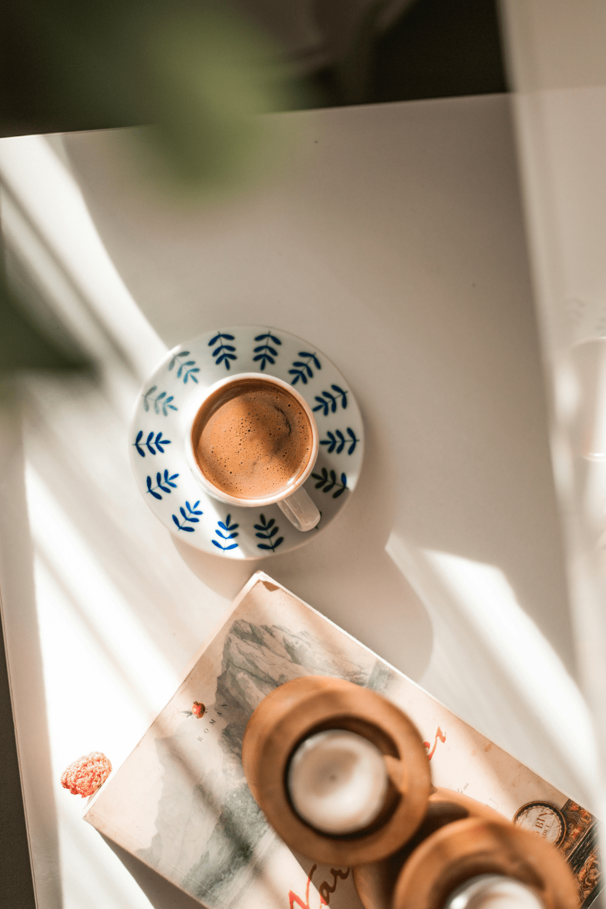 A dietitian's cup of coffee on a blue saucer 